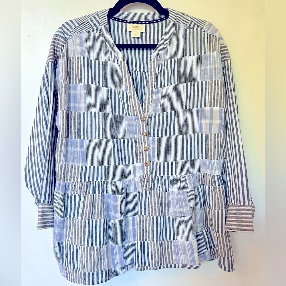 Anthropologie MAEVE Zoe Swing Top - Blue & White - Cotton & Linen - Size S​​​​